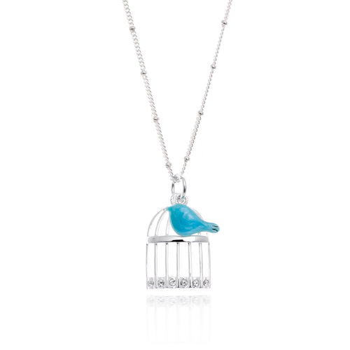Blue Bird and Cage Pendant