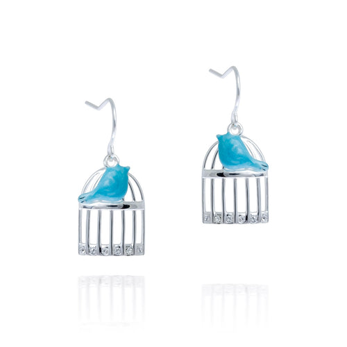 Blue Bird and Cage Earrings
